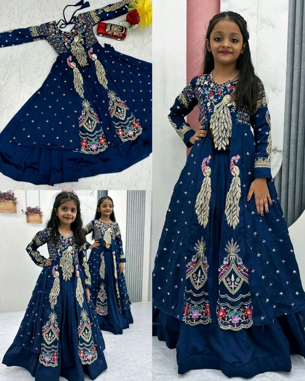 Launching Trendy Peacock Design Festival Special Crop Top with Shrug - 9 to 10 Age, Congress Blue