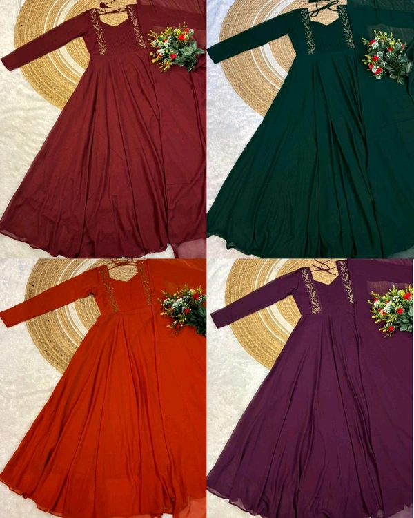 Faux Georgette gown with beautiful hand work.the yoke part fully designed for pintucks work - 3XL, Maroon