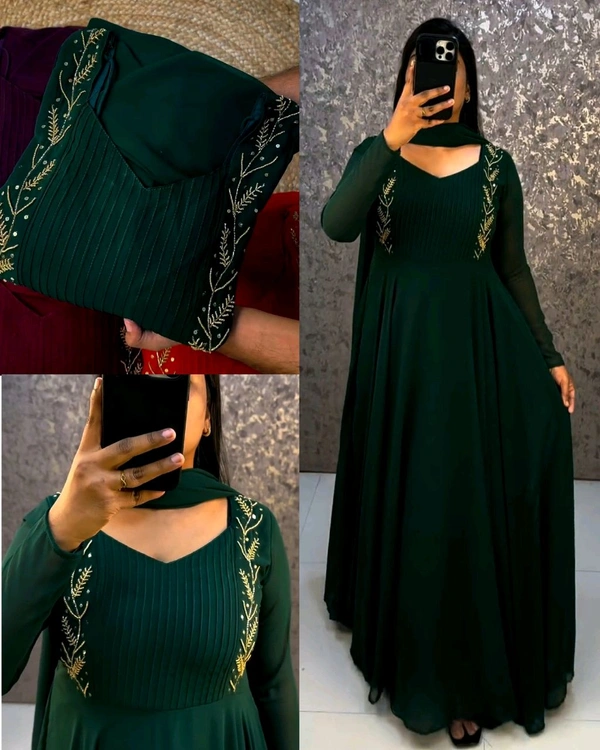Faux Georgette gown with beautiful hand work .the yoke part fully designed for pintucks work.This perfect party wear for upcoming festivals and functions - S, Green