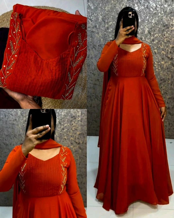 Faux Georgette gown with beautiful hand work .the yoke part fully designed for pintucks work.This perfect party wear for upcoming festivals and functions - M, Green