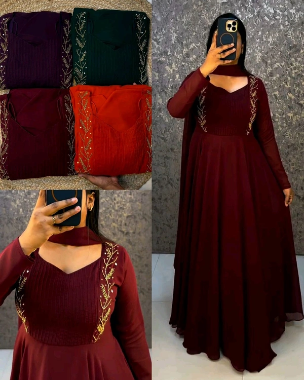 Faux Georgette gown with beautiful hand work .the yoke part fully designed for pintucks work.This perfect party wear for upcoming festivals and functions - 2XL, Green