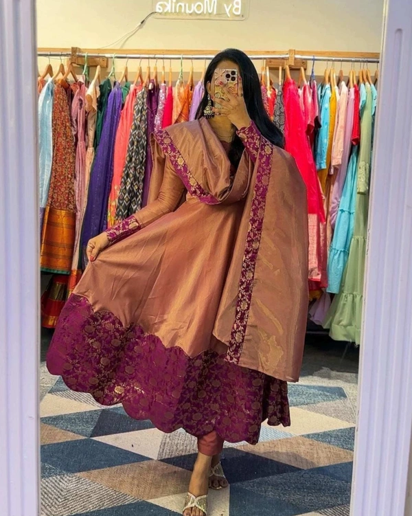 Trendy Designer Silk Gown A Beautiful Blend Of elegance and Charm For This Wedding and festival - M, Sepia Skin