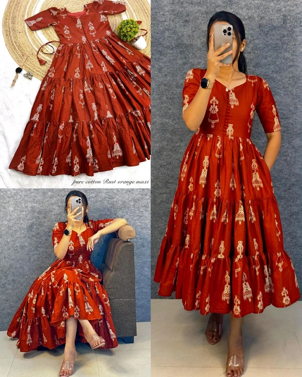 Launching the most unique “Warli Art doll “hand block pure cotton printed maxi gown with one side pocket - M, Orange