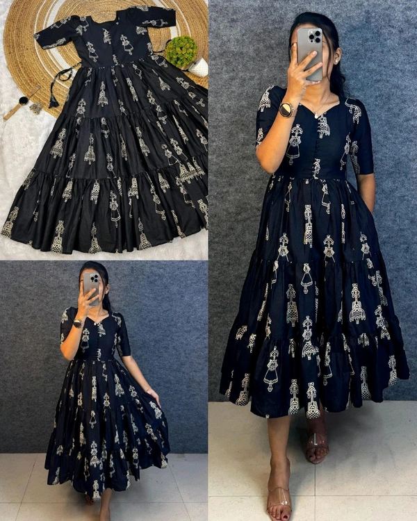 Launching the most unique “Warli Art doll “hand block pure cotton printed maxi gown with one side pocket - 3XL, Black