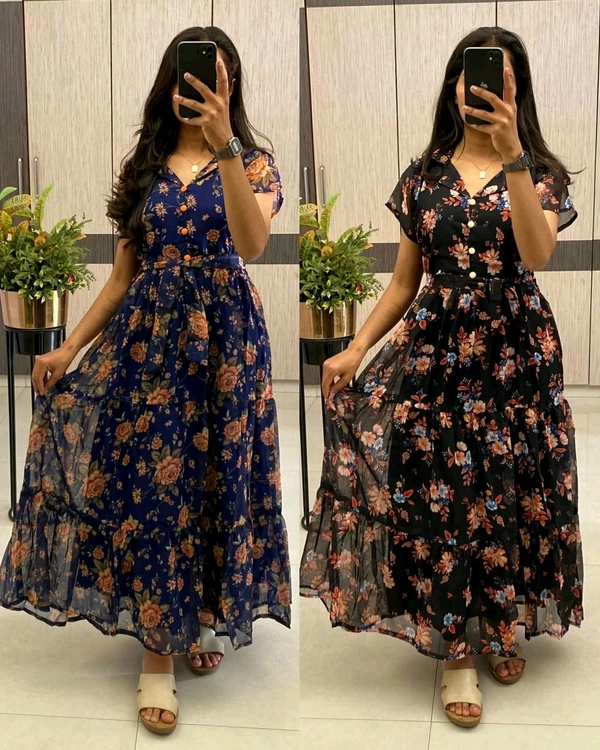 Super hit Alia cut Alfino Chiffon frock style Gown - 2XL, Black