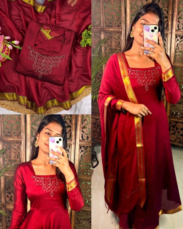 Kadhalar dhinam roja outfit recreation hand work maxi with duppata With New Colours - 3XL, Bright Red