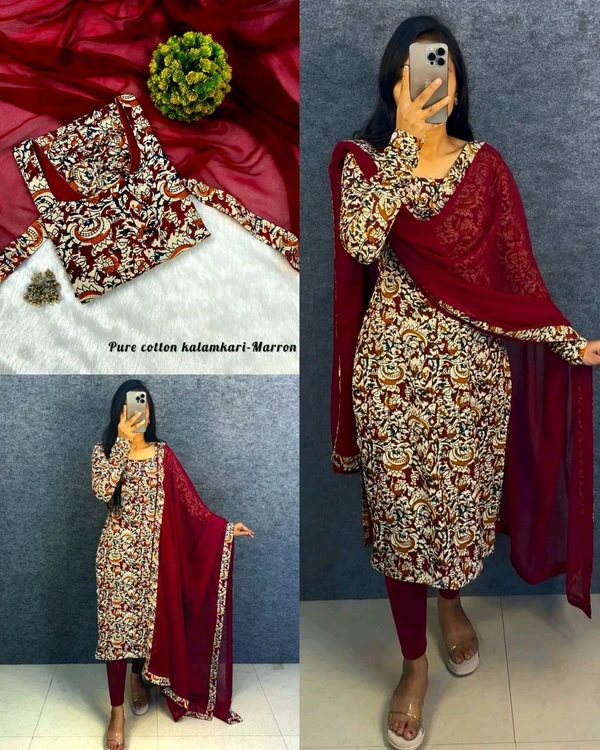 This full-length kurti traditional Kalamkari with modern elegance summer outfit - S, Maroon