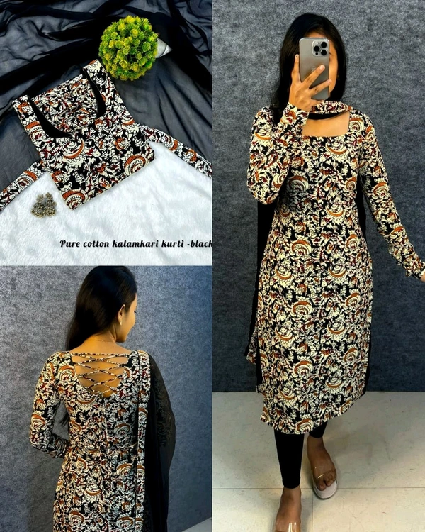 This full-length kurti traditional Kalamkari with modern elegance summer outfit - S, Maroon