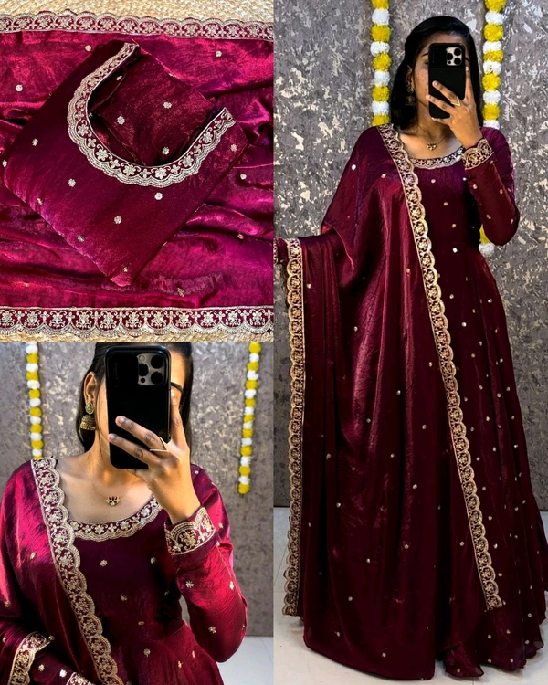 Bakrid special Rich sequence embroidery Gown + Dupata
- M, Wine
