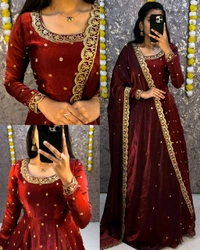 Bakrid special Rich sequence embroidery Gown + Dupata
- L, Wine