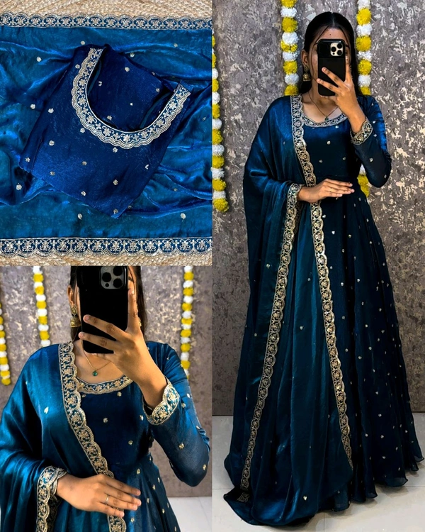 Bakrid special Rich sequence embroidery Gown + Dupata
- 4XL, Blue