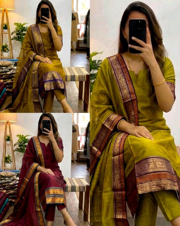 Trendy Elegance in Kanchi Cotton Kurti Sets - M, 2nd Maroon