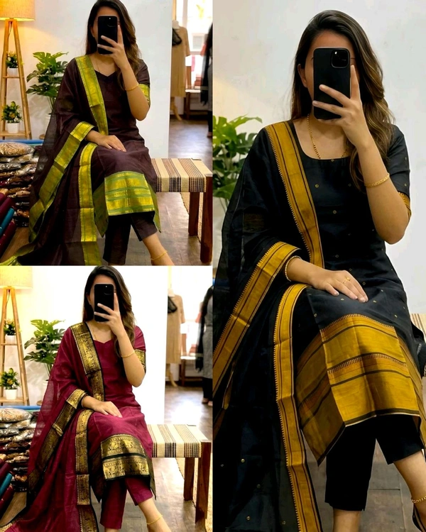 Trendy Elegance in Kanchi Cotton Kurti Sets - L, Black