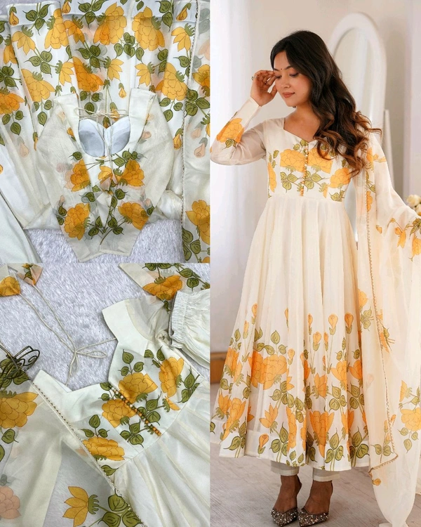 Launching this timeless and classic floral printed organza anarkali suit set for the upcoming festivities and wedding season
- S