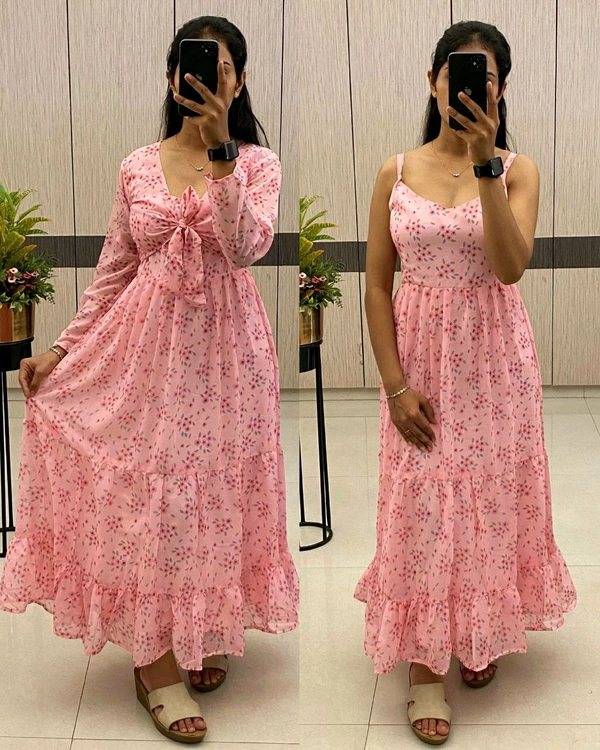 A flowing, delicate floral print. Over Coat With Sleeveless Gown
- S, Hibiscus