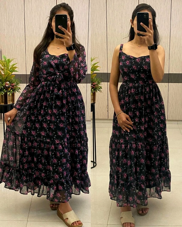 A flowing, delicate floral print. Over Coat With Sleeveless Gown
- M, Hibiscus