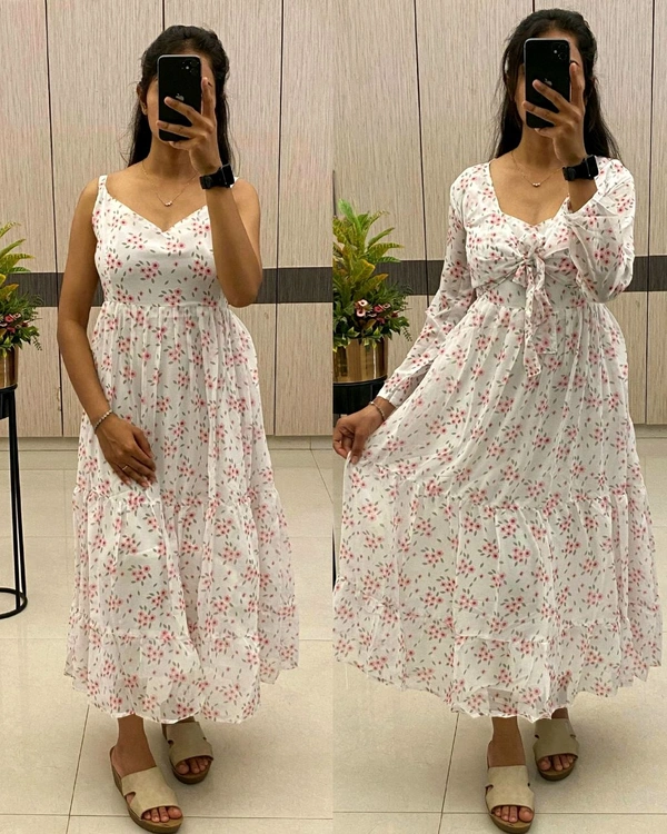 A flowing, delicate floral print. Over Coat With Sleeveless Gown
- L, White