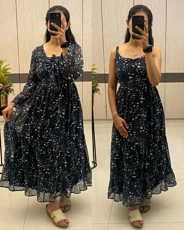 A flowing, delicate floral print. Over Coat With Sleeveless Gown
- XL, Hibiscus