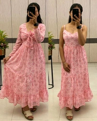 A flowing, delicate floral print. Over Coat With Sleeveless Gown
- 2XL, Hibiscus