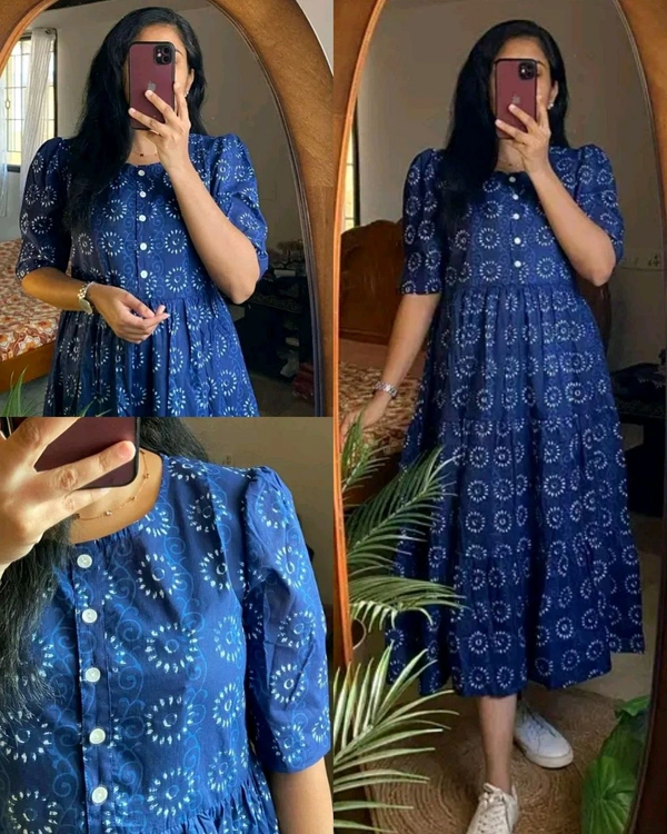 New Beautiful Printed cotton middi Gown dress - purple, M