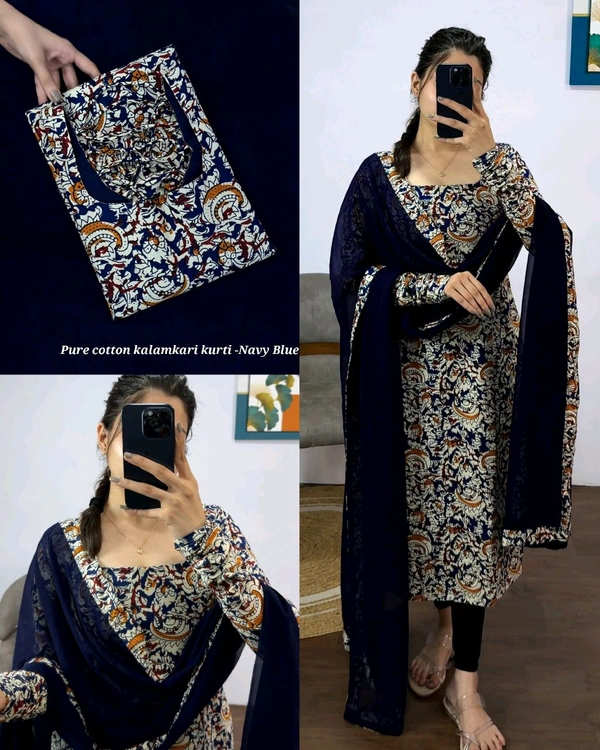 This full-length kurti traditional artistry with modern elegance summer outfit - XL, Navy Blue