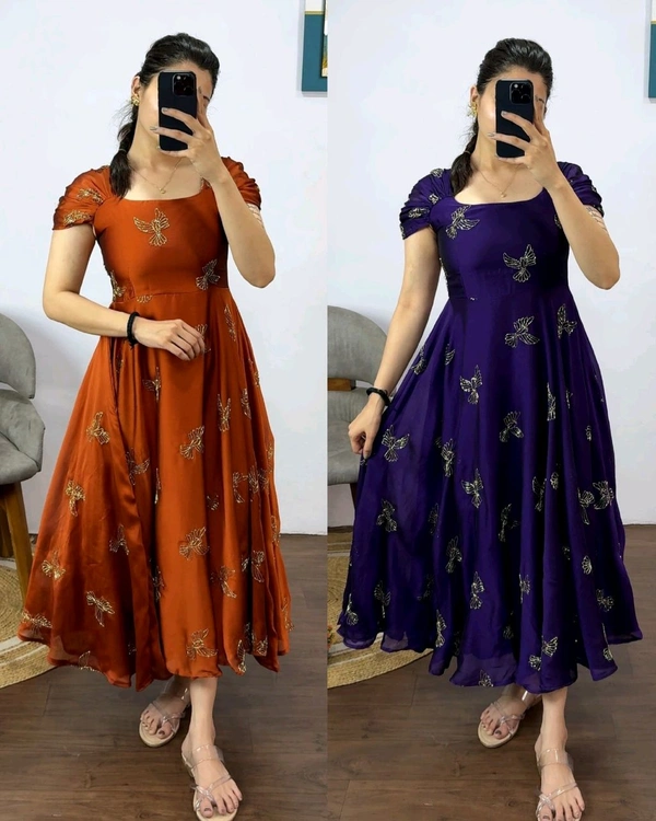 This outfit made Premium rangoli silk fabric with beautiful “sparrow” beads aari work all over the maxi gown - XL, Pigment Indigo