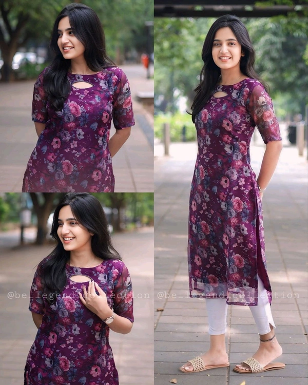 💜💜Women Purple Floral Printed Kurthi Oval Neck Elbow Hand💜💜 - M