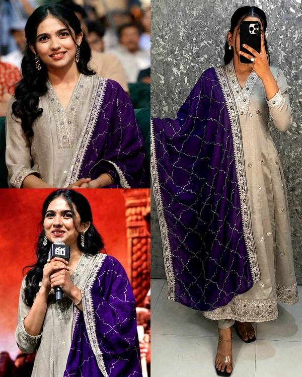 Women's Trendy Embroidered Straight Anarkali Kurta & Pant Set With Dupatta
- S, Gray