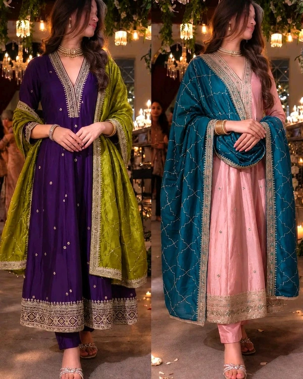 Women's Trendy Embroidered Straight Anarkali Kurta & Pant Set With Dupatta
- S, Gray