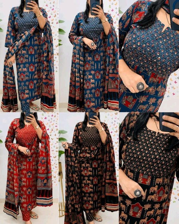 Traditional Print Cotton Blend kurti with Pant and Dupatta
- L, Navy Blue