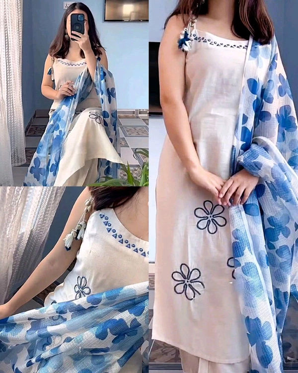 Women Rayon Sleeveless Kurta Palazzo Dupatta Set | Floral Daily Wear Ethnic Set - M, Blue