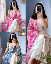 Women Rayon Sleeveless Kurta Palazzo Dupatta Set | Floral Daily Wear Ethnic Set - 2XL, Blue