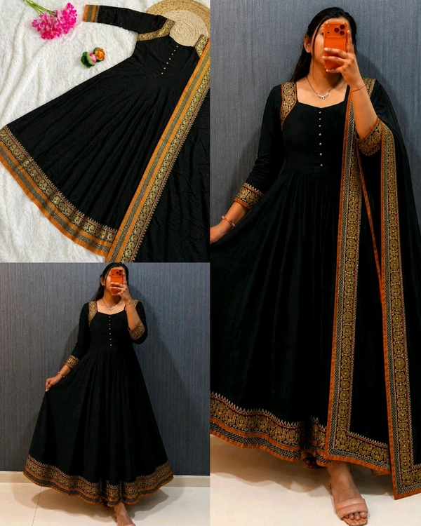 PRESENTING Trending ANARKALI GOWN DUPATTA - M, Black