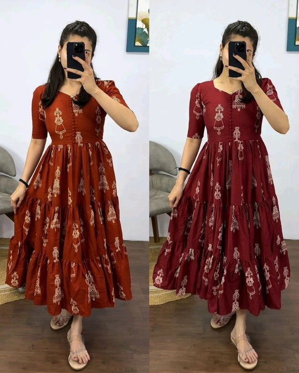 Launching the most unique “Warli Art doll “hand block pure cotton printed maxi gown with one side pocket - 3XL, Fire
