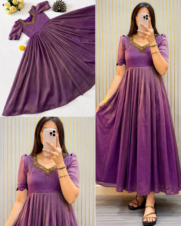 Launching Most Trending Kota Tissue Gown - L, Purple