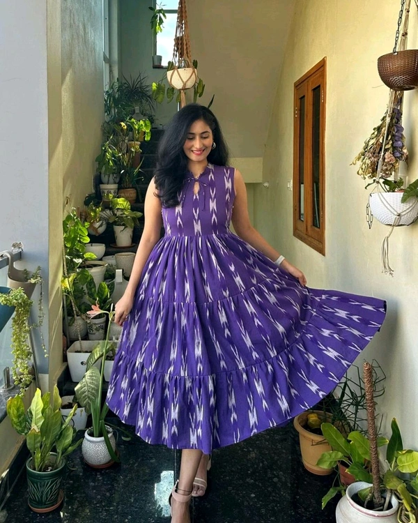 New Beautiful Printed cotton middi cut-sleeves Gown dress - Pigment Indigo, 2XL