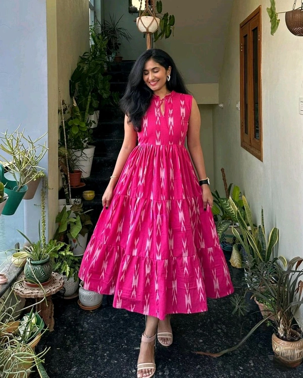 New Beautiful Printed cotton middi cut-sleeves Gown dress - Pink, 3XL