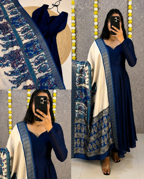 Launching beautiful plain vichithra anarkali with trending kalamkari dupata 😍 - M, Blue