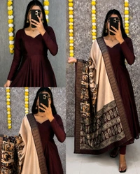 Launching beautiful plain vichithra anarkali with trending kalamkari dupata 😍 - M, Blue