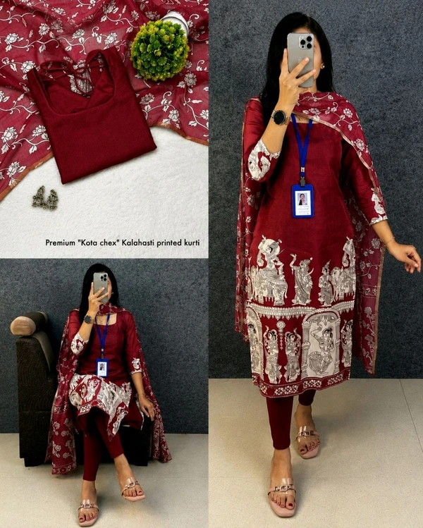 Trendy Kalamkari khalahasti kota chex kurti with kalamkari dupatta - S, Blue