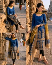 Trendy Kalamkari khalahasti kota chex kurti with kalamkari dupatta - S, Blue