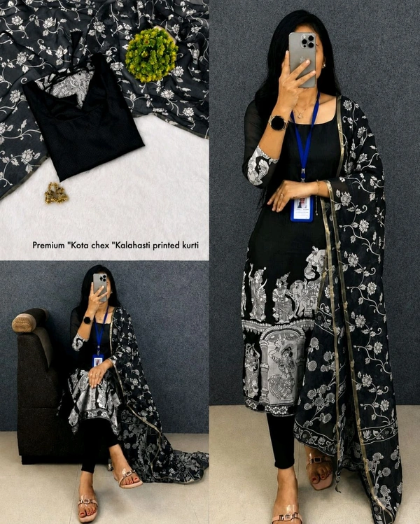 Trendy Kalamkari khalahasti kota chex kurti with kalamkari dupatta - S, Black