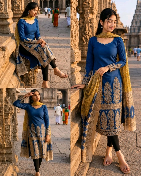 Trendy Kalamkari khalahasti kota chex kurti with kalamkari dupatta - XL, Blue
