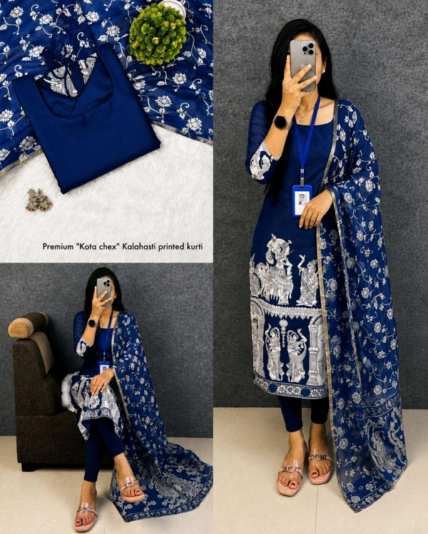 Trendy Kalamkari khalahasti kota chex kurti with kalamkari dupatta - 3XL, Blue