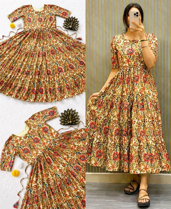 Premium Cambric Cotton Kalamkari Printed Midi Dress
- XL, Buttermilk