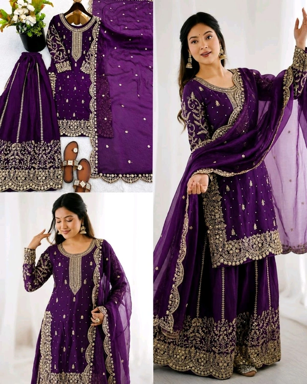 Trendy Heavy Embroidery Sequence Work Top-Bottom And Dupatta Set Fully Stitched Ready To Wear - M, Pigment Indigo