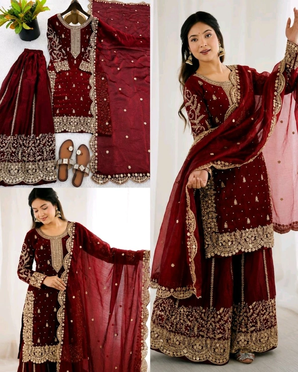 Trendy Heavy Embroidery Sequence Work Top-Bottom And Dupatta Set Fully Stitched Ready To Wear - M, Pigment Indigo