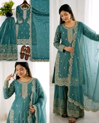 Trendy Heavy Embroidery Sequence Work Top-Bottom And Dupatta Set Fully Stitched Ready To Wear - M, Pigment Indigo