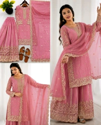 Trendy Heavy Embroidery Sequence Work Top-Bottom And Dupatta Set Fully Stitched Ready To Wear - M, Pigment Indigo