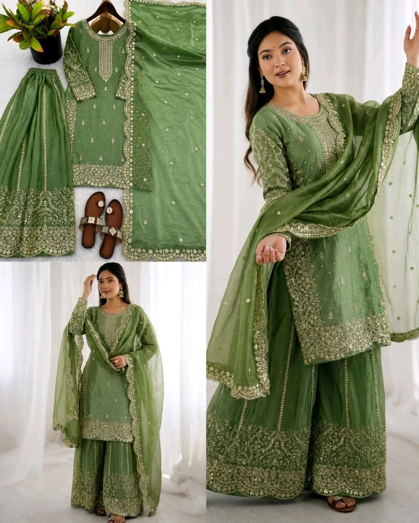 Trendy Heavy Embroidery Sequence Work Top-Bottom And Dupatta Set Fully Stitched Ready To Wear - M, Green